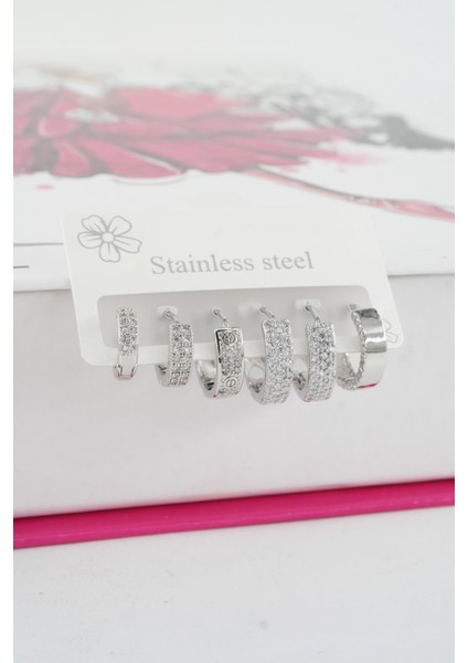 Kadın Vip Seri Özel Tasarım Baget Zirkon Taşlı 6'lı Küpe Seti