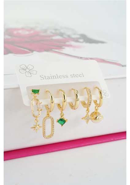 Kadın Vip Seri Özel Tasarım Baget Zirkon Taşlı 6'lı Küpe Seti