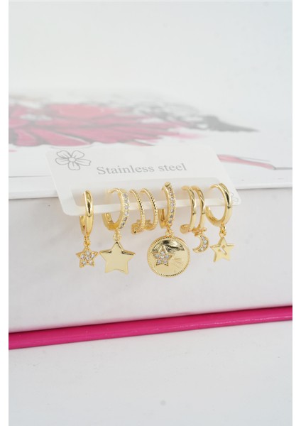 Kadın Vip Seri Özel Tasarım Baget Zirkon Taşlı 6'lı Küpe Seti