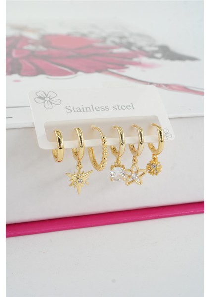 Kadın Vip Seri Özel Tasarım Baget Zirkon Taşlı 6'lı Küpe Seti