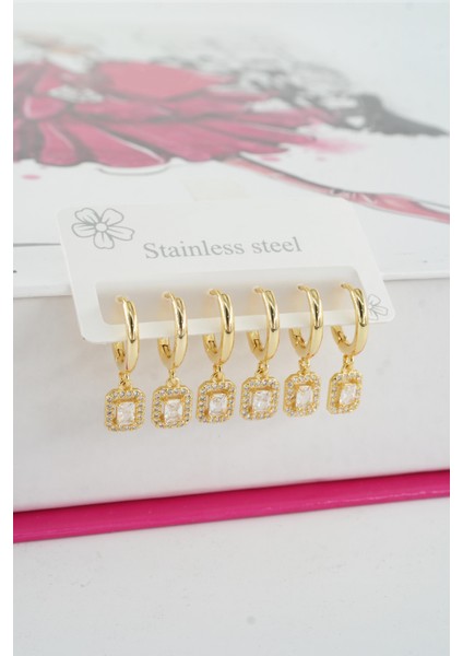 Kadın Vip Seri Özel Tasarım Baget Zirkon Taşlı 6'lı Küpe Seti