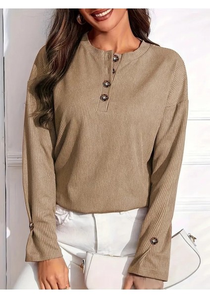 Kadın Uzun Kollu V Yakalı Düğmeli Salaş Şardonlu Kaşkorse Bluz fiyatları
