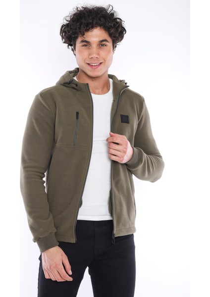 Haki Erkek Slimfit Kalın 3 Cepli Kapüşonlu Spor Polar 6703