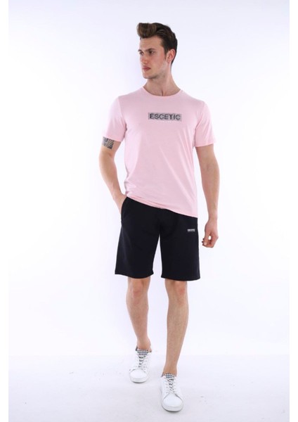 Pudra Erkek Baskılı Pamuklu Nefes Alan Şort-T-shirt Takım A3012