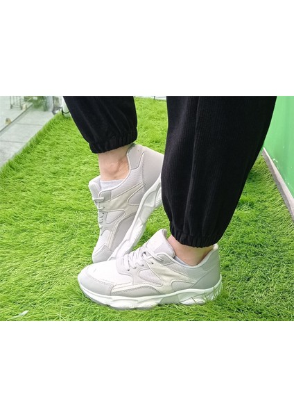 Beyaz-Gri Kadın Sneaker Yumuşak Yüksek Taban Bağcıklı Spor Ayakkabı AY0005