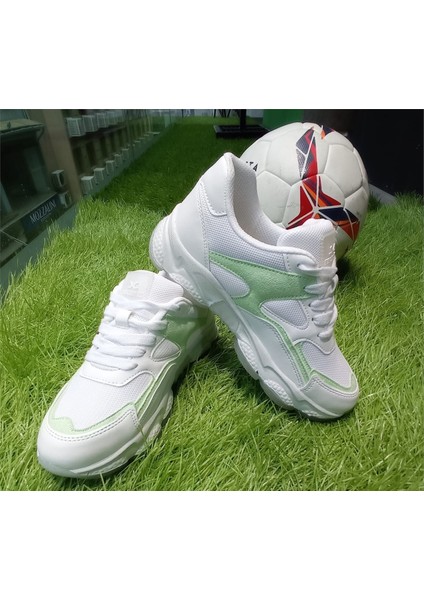 Beyaz-Yeşil Kadın Sneaker Yumuşak Yüksek Taban Bağcıklı Spor Ayakkabı AY0005