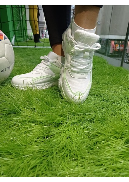 Beyaz-Yeşil Kadın Sneaker Yumuşak Yüksek Taban Bağcıklı Spor Ayakkabı AY0005