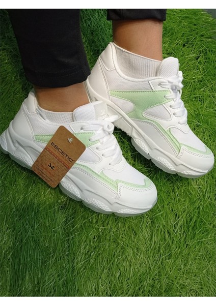 Beyaz-Yeşil Kadın Sneaker Yumuşak Yüksek Taban Bağcıklı Spor Ayakkabı AY0005