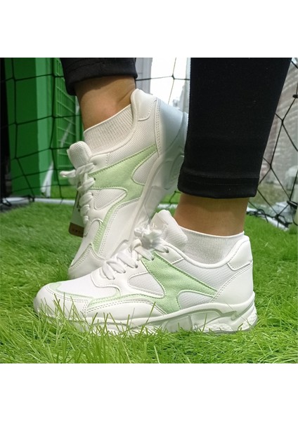 Beyaz-Yeşil Kadın Sneaker Yumuşak Yüksek Taban Bağcıklı Spor Ayakkabı AY0005