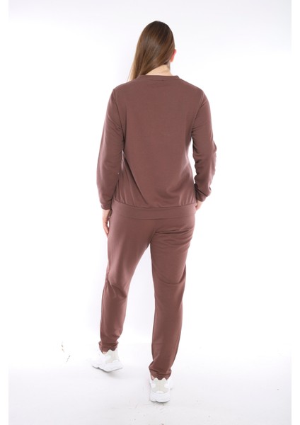 Kahve Battal Beden 3 İplik Nefes Alabilen Spor Sweat Eşofman Takımı A3052