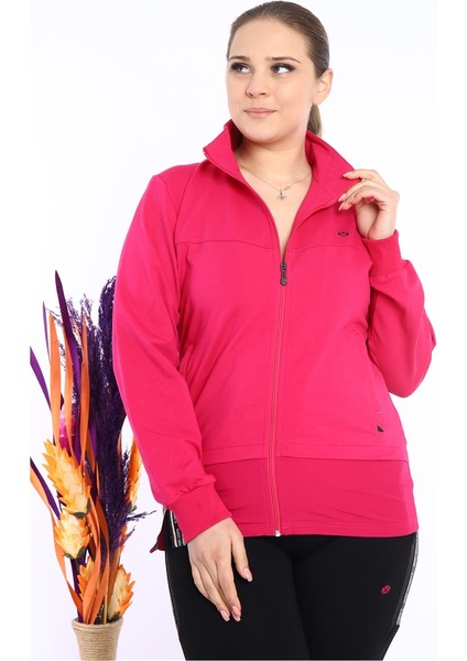 Kadın Pembe Battal/Büyük Beden Dik Yaka 4 Mevsim Süper 2 İplik Spor Eşofman Takımı 6542
