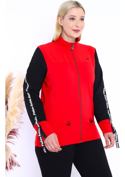 Kadın Kırmızı Battal/Büyük Beden Dik Yaka 4 Mevsim Süper 2 İplik Spor Eşofman Takımı 6559
