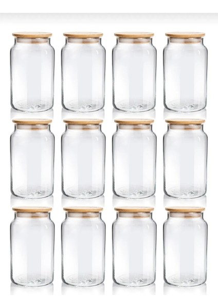 12'li Bambu Kapaklı Vakumlu Orta Boy Cam Kavanoz Saklama Kabı 800ML