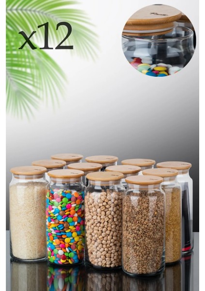 12'li Bambu Kapaklı Vakumlu Büyük Boy Cam Kavanoz Saklama Kabı 1300ML