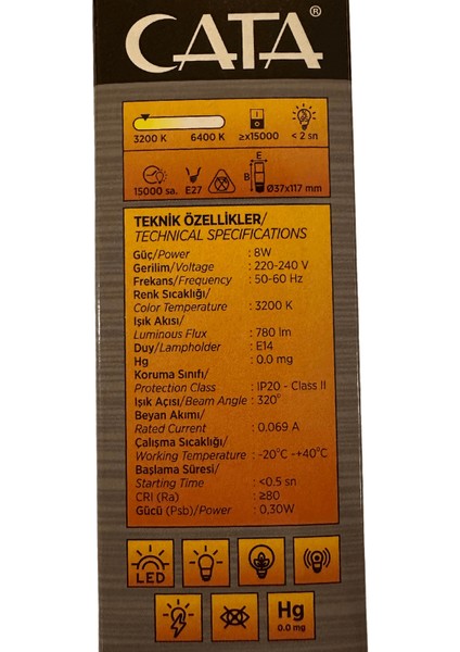CT-4092 8W 3200K (Günışığı) E14 Duylu LED Ampul