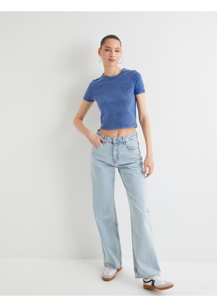 Crop Tişört Soluk Efektli Kısa Kollu Bisiklet Yaka Slim Fit Pamuklu