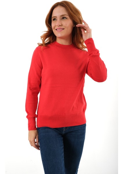 Kadın Kırmızı %100 Organik Pamuk Bisiklet Yaka Triko Kazak Bluz TRIST-6101