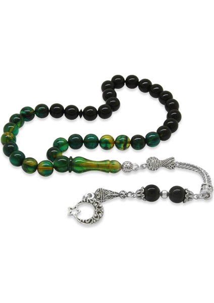 Kararmaz Metal Ayyıldız Püsküllü Küre Kesim Süzme Mavi-Beyaz Ateş Kehribar Tesbih