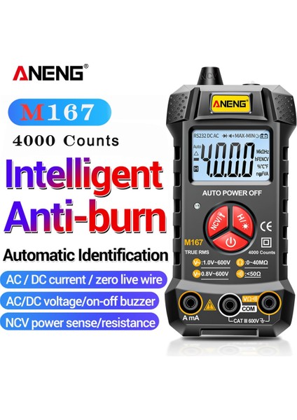 Aneng M167 Dijital Mini Multimetre Test Cihazı Otomatik Multimetro True Rms Transistör Metre ile Ncv Veri Tutma 4000 Sayım El Feneri (Yurt Dışından)