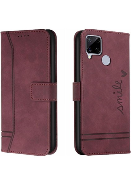 Realme C15 Manyetik Kapatma Kart Yuvaları Için El Kayışı Pu Telefon Kılıfı (Yurt Dışından)