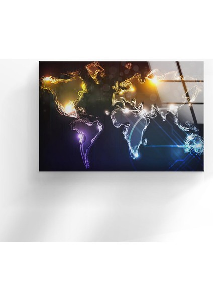 Neon Dünya Haritası Cam Duvar Tablosu
