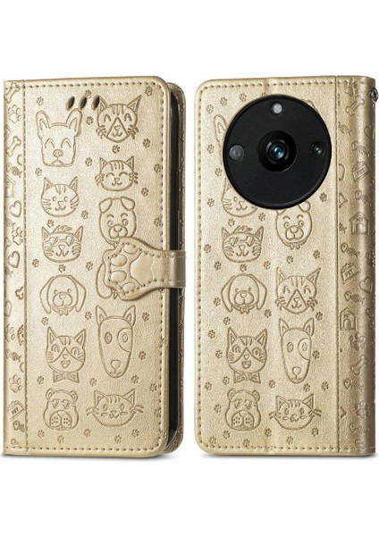 Realme 11 Için Deri Kısa Kayış Karikatür Hayvanlar Çevirin Telefon Kılıfı (Yurt Dışından)