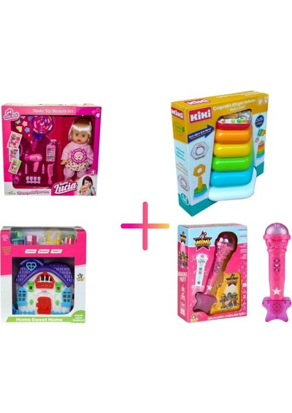 Limon Oyuncak Eğitici 4'lü Set (Konuşan Bebek Seti + Çıngıraklı Altıgen Halkalar + Pembe Mikrofon + Mini Ev)