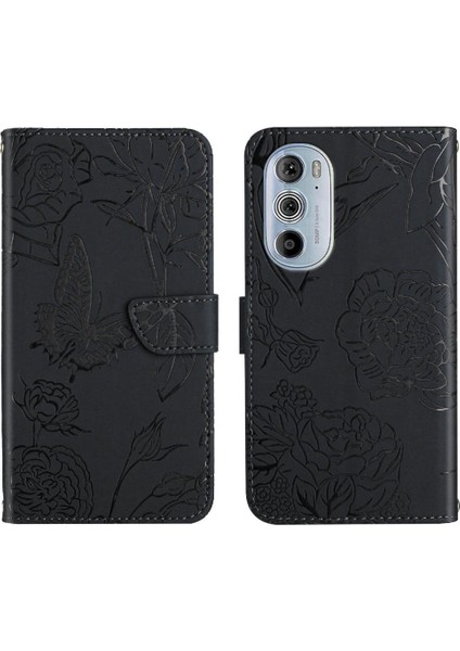 Motorola Kenar 30 Pro Çiçekler ve Bilek Kayışı Pu ile Kelebekler Için Telefon Kılıfı (Yurt Dışından)