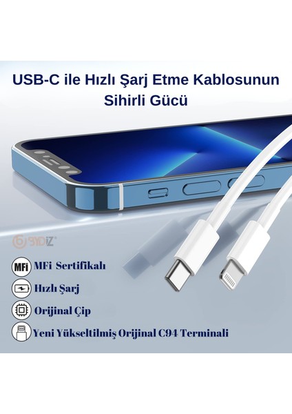 Apple iPhone Uyumlu 11-12-13 - 14 Pro/Max Lightning Hızlı Şarj Kablosu 1 Metre USB C Lightning