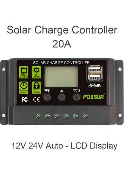 Güneş Kontrol Cihazı 20A Otomatik Solar Şarj Kontrol Cihazı LCD Çift USB 5V (Yurt Dışından)