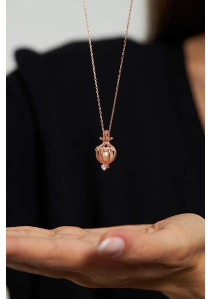 Zirkon Taşlı Rose Kalp Motifli Incili Kafes Gümüş Kolye fiyatları