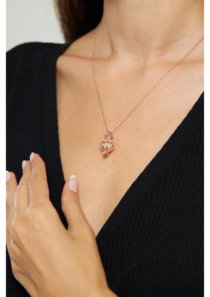 Zirkon Taşlı Rose Kalp Motifli Incili Kafes Gümüş Kolye modelleri