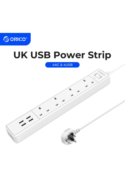 Orıco Ingiltere Tak Elektrik Uzatma Prizi Güç Şeridi Ev Ofis Için Aile Güç Şeritleri Çoklu Soket ile 4 USB 4AC (Yurt Dışından)