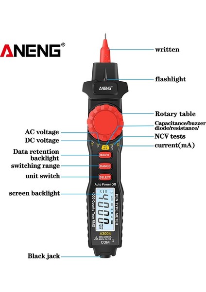 Aneng Multimetre Kalem Tipi Metre 4000 Sayım Temassız Ac/dc Gerilim Algılama Test Cihazı Aracı (Yurt Dışından)