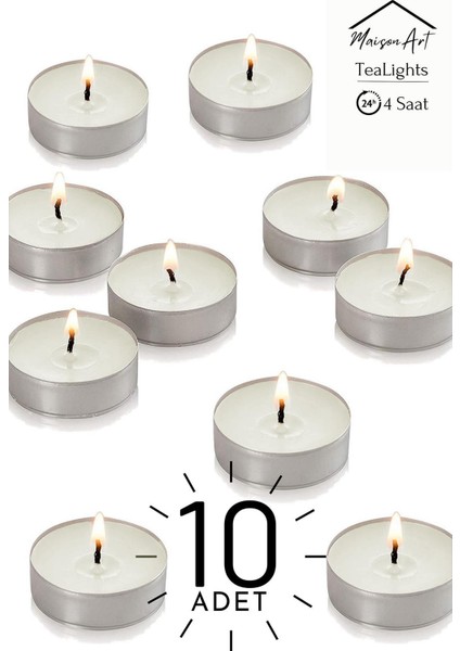 10 Adet | Vanilya Kokulu Tealight Mum | 4 Saat Yanar | Dekoratif Mumluk Mumu