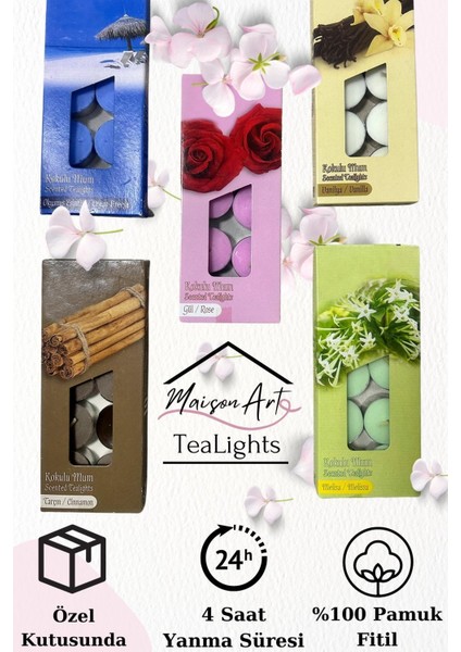 10 Adet | Vanilya Kokulu Tealight Mum | 4 Saat Yanar | Dekoratif Mumluk Mumu