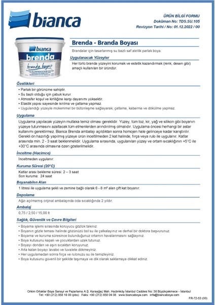 Branda Boyası (Bianca-Brenda) 2,5 Lt Beyaz fiyatları