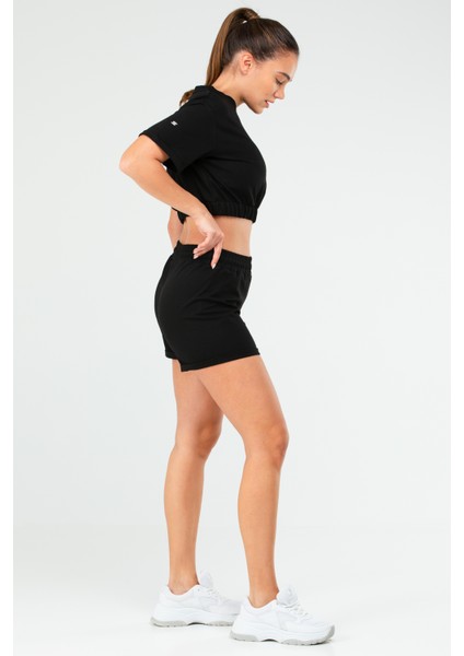 Siyah Regular Fit Düz Pamuklu Bisiklet Yaka Kadın Şort Takım - SB0850