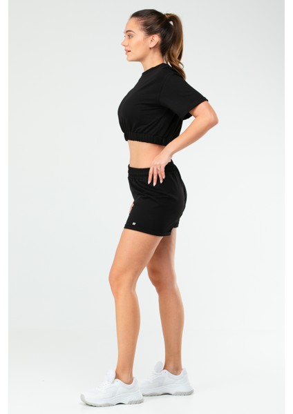 Siyah Regular Fit Düz Pamuklu Bisiklet Yaka Kadın Şort Takım - SB0850