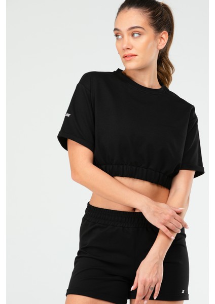 Siyah Regular Fit Düz Pamuklu Bisiklet Yaka Kadın Şort Takım - SB0850
