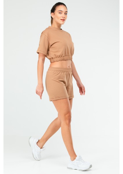 Camel Regular Fit Düz Pamuklu Bisiklet Yaka Kadın Şort Takım - SB0850