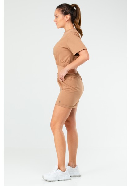 Camel Regular Fit Düz Pamuklu Bisiklet Yaka Kadın Şort Takım - SB0850