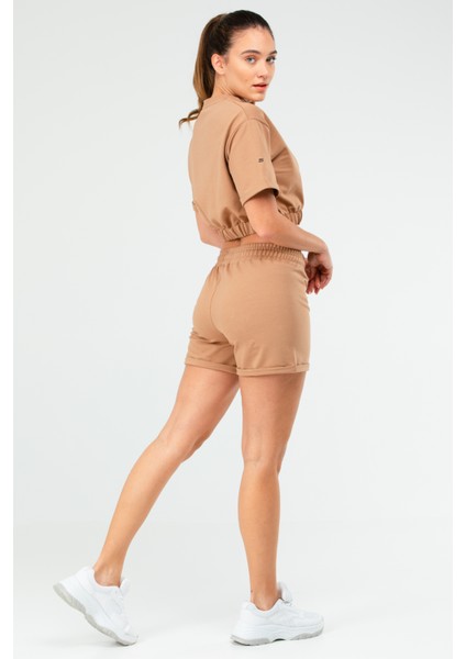Camel Regular Fit Düz Pamuklu Bisiklet Yaka Kadın Şort Takım - SB0850