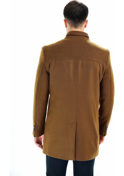 Palto Yün ve Polyester Karışımı Uzun Kol Midi Erkek Kaban Düz Desen