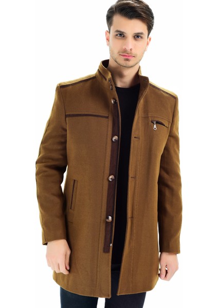 Palto Yün ve Polyester Karışımı Uzun Kol Midi Erkek Kaban Düz Desen fırsatları