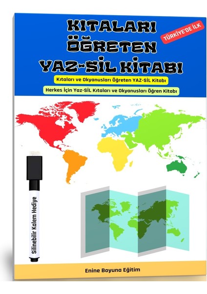 Enine Boyuna Eğitim Kıtaları ve Okyanusları Öğreten Yaz-Sil Kitabı