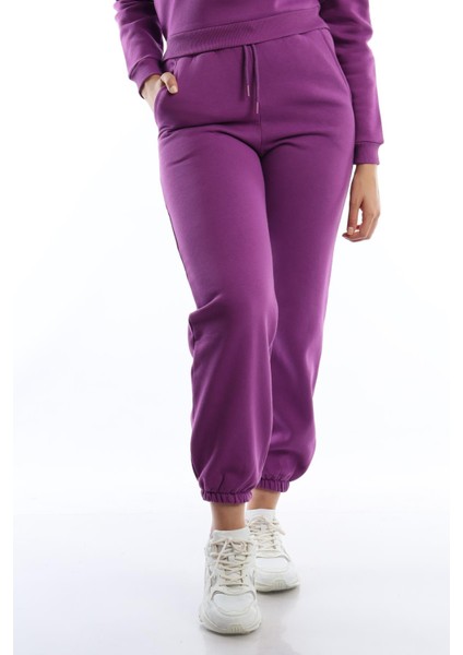 Kadın 3 Iplik Şardonlu Paça Lastikli Eşofman Altı Mor