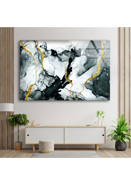 Siyah Mermer Desenli Temperli Cam Duvar Tablosu