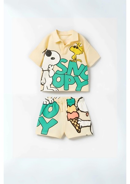 Bebek & Çocuk Snoopy Baskılı Pamuklu Polo Yaka T-Shirt ve Şort Alt Üst Takım