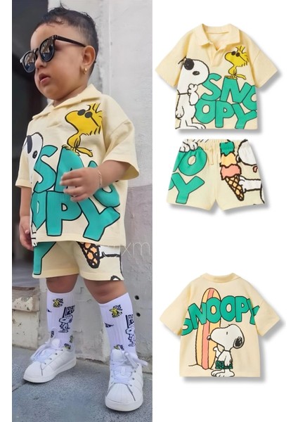 Bebek & Çocuk Snoopy Baskılı Pamuklu Polo Yaka T-Shirt ve Şort Alt Üst Takım